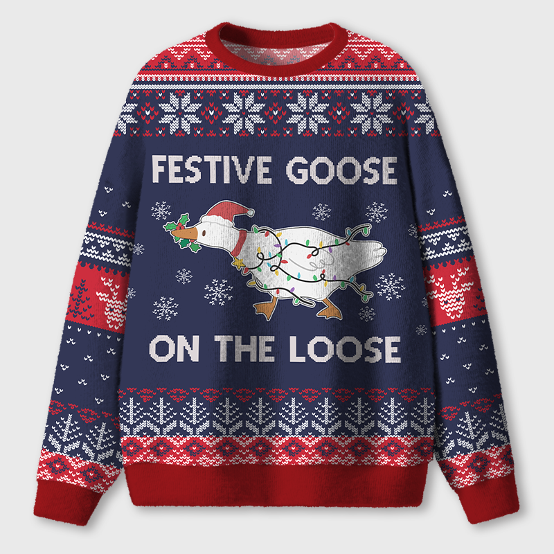 Festive Goose On The Loose Teacher Ugly Fluffy Sweatshirt