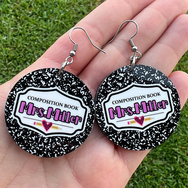 Personalized Name Comp Notebook Classroom Teacher Wooden Earrings