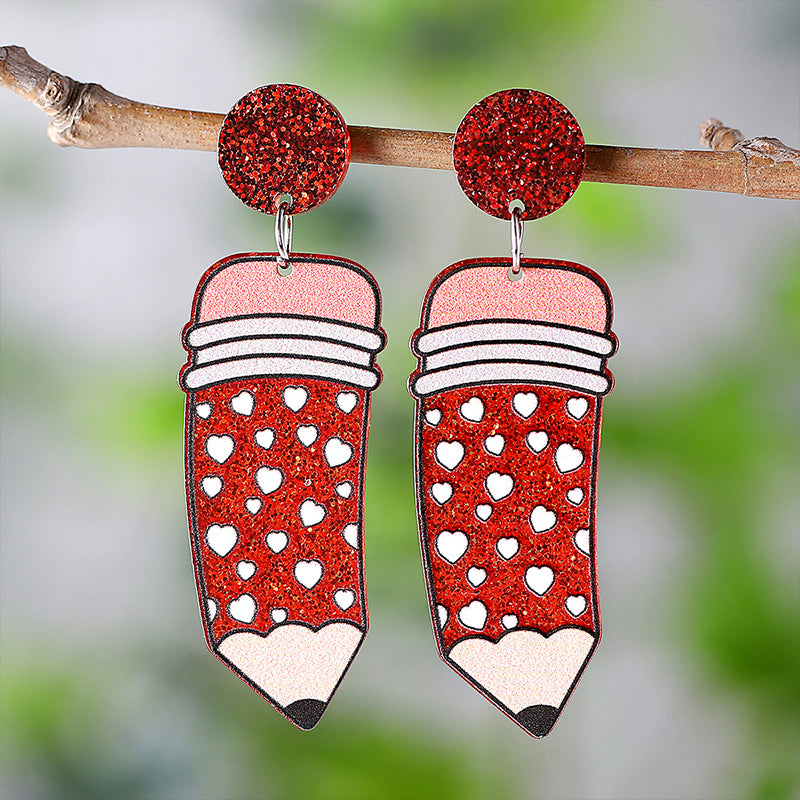 Heart-Shaped Pencil Teacher Acrylic Earrings