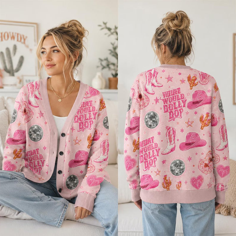 Pink Disco Western Cowgirl What Would Dolly Do Teacher Ugly Cardigan Sweaters