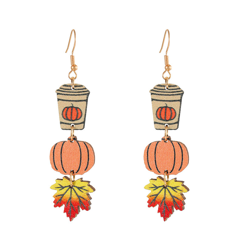 Pumpkin Maple Leaf Coffee Teacher Wooden Earrings