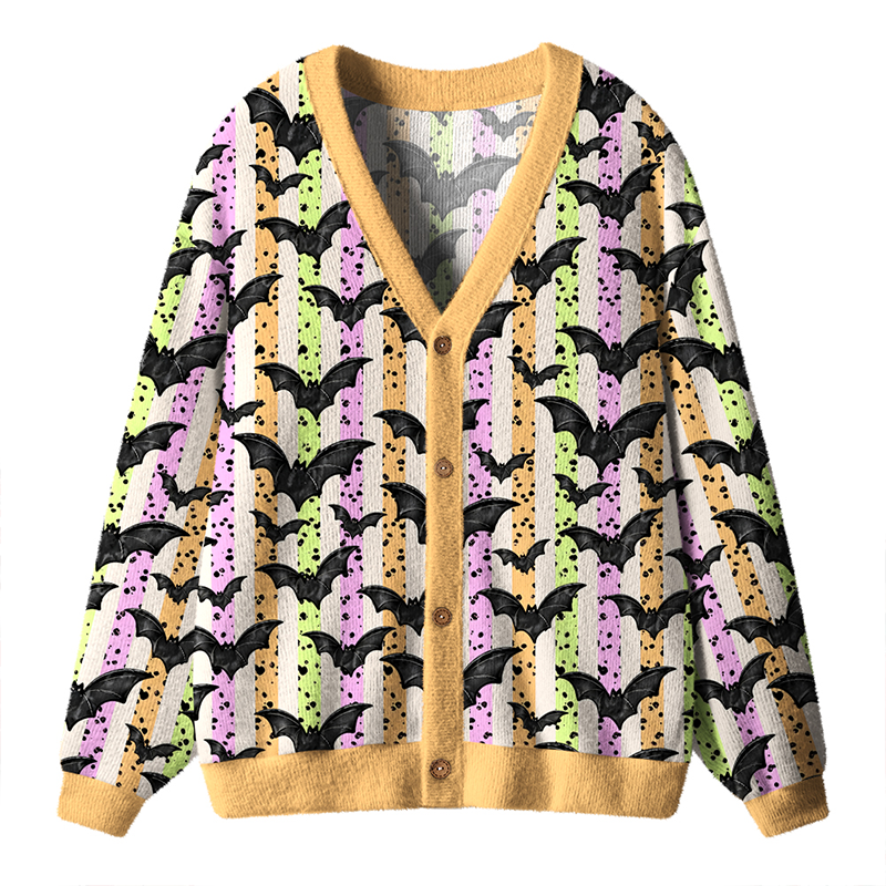 Colorful Stripe Bat All Over Print Halloween Teacher Ugly Cardigan Sweaters