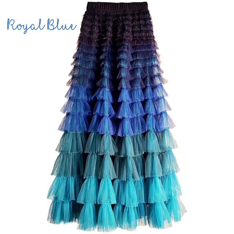Gradient Color Irregular Mesh Long Cake Skirt Dress