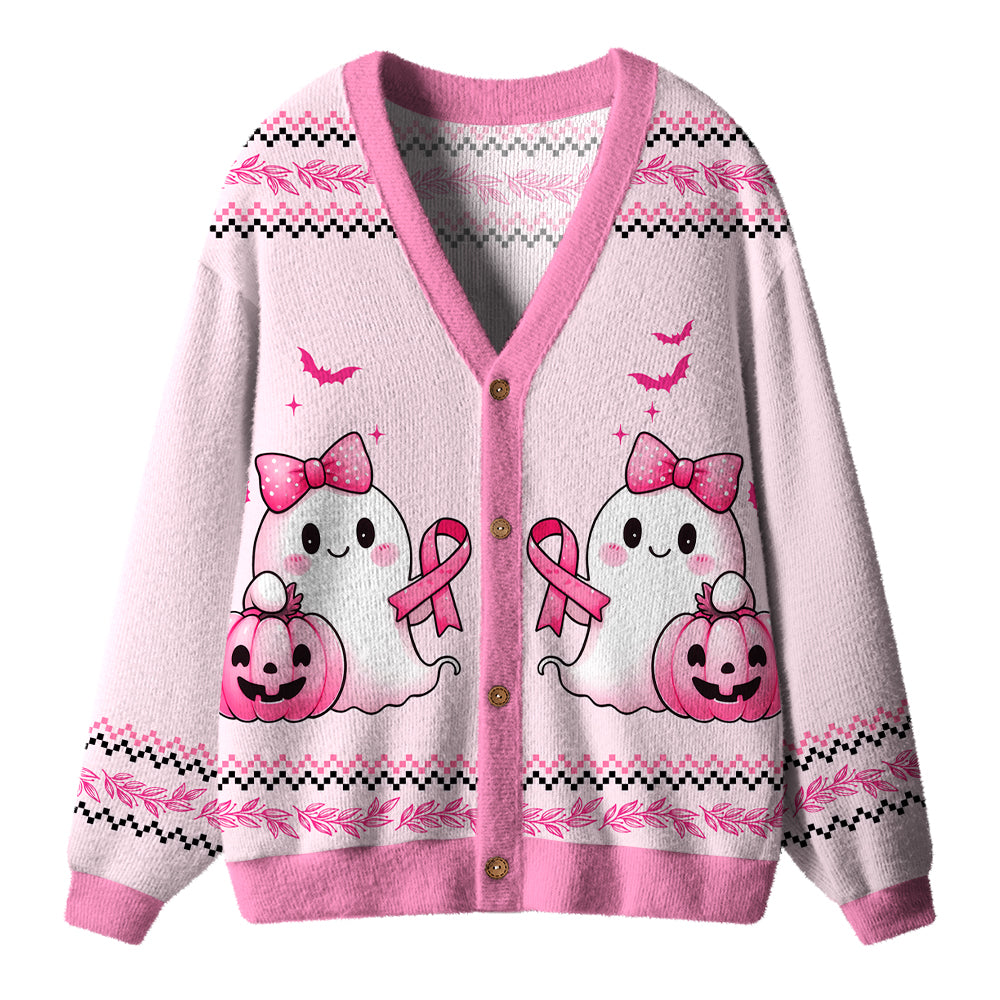 In October We Wear Pink Cute Ghost Pumpkin Ribbon Halloween Teacher Cardigan Sweater
