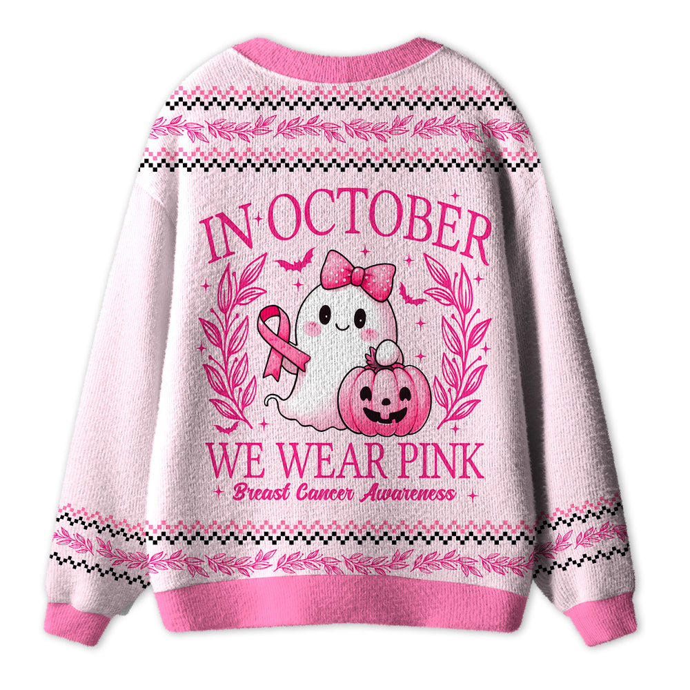 In October We Wear Pink Cute Ghost Pumpkin Ribbon Halloween Teacher Cardigan Sweater