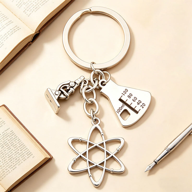 Microscope Flask And Atom Symbol Science Teacher Keychain