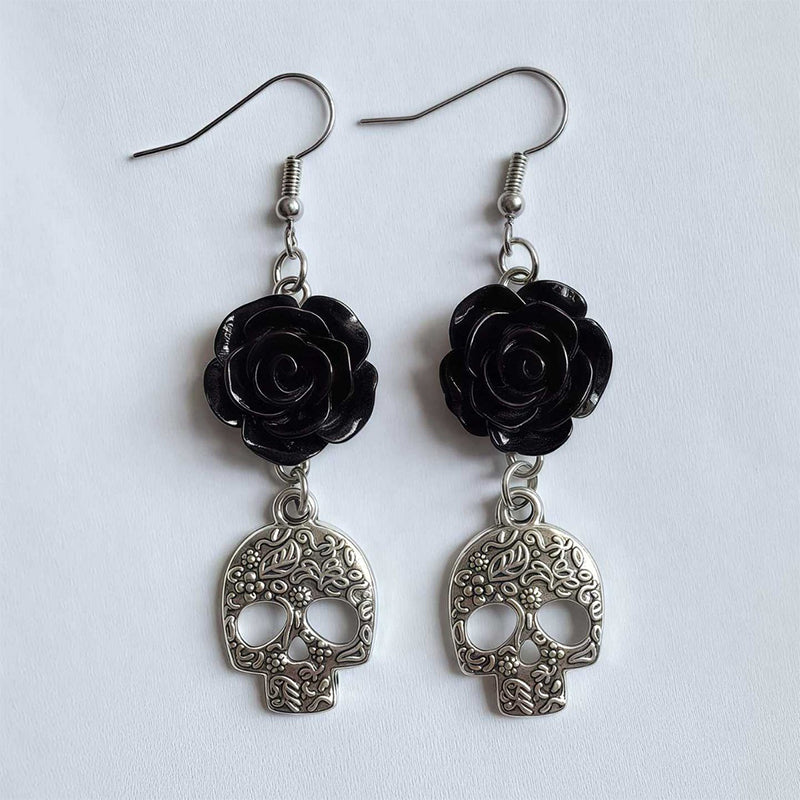 Black Rose Silver Skull Teacher Metal Earrings