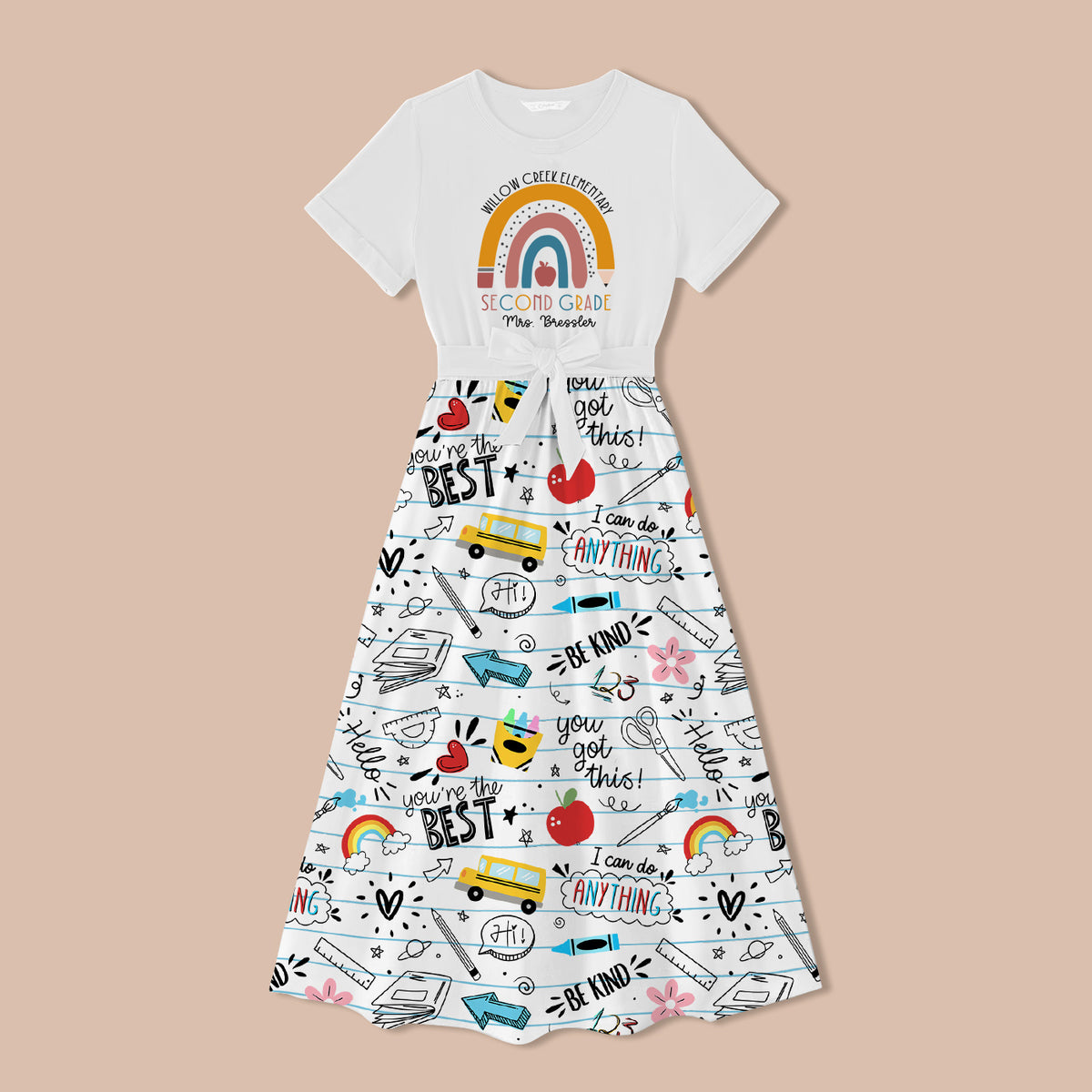 Personalized Name Rainbow Apple Teacher One Piece Dress