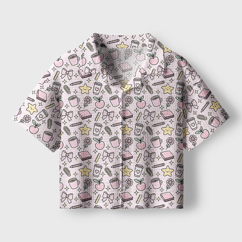 Book Pencil Bow Teacher Crochet Crop Camp Shirt