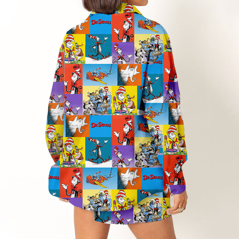 Colorful Cartoon Characters Teacher Long Sleeve Shirt And Shorts Set