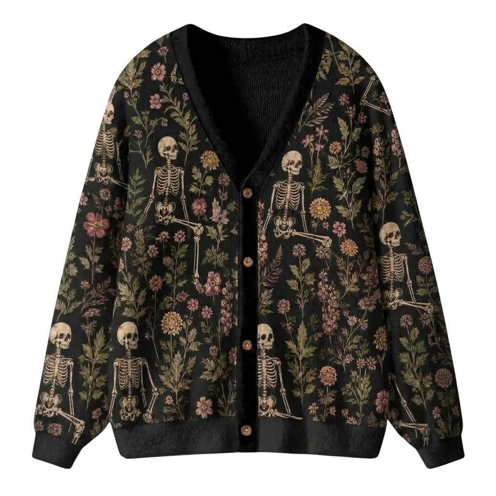 Dark Floral Skeleton Print Teacher Ugly Cardigan Sweaters