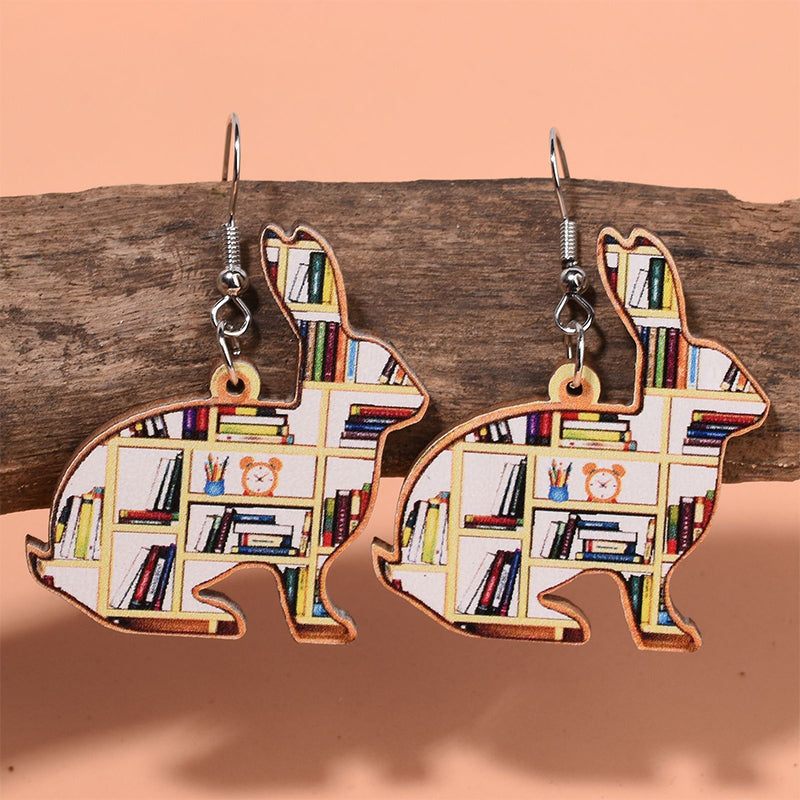 Bookcase Rabbit Teacher Wooden Earrings