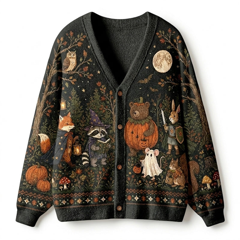 Halloween Forest Animal Scene Jacquard Knit Teacher Ugly Cardigan Sweaters