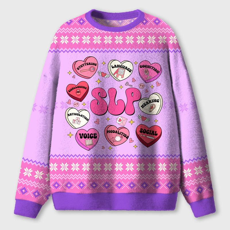 Heart Valentines Day SLP Teacher Ugly Fluffy Sweatshirt