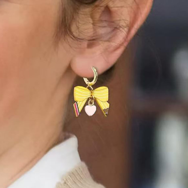 Pencil Bow Love Heart Teacher Metal Earrings