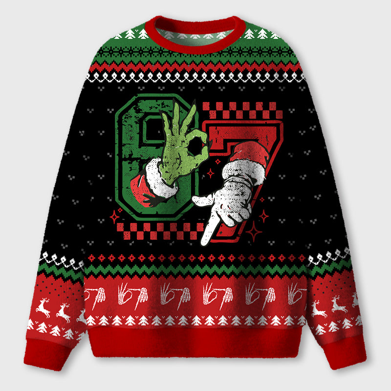 Trendy Six Seven Santa And Green Guy Teacher Ugly Fluffy Sweatshirt