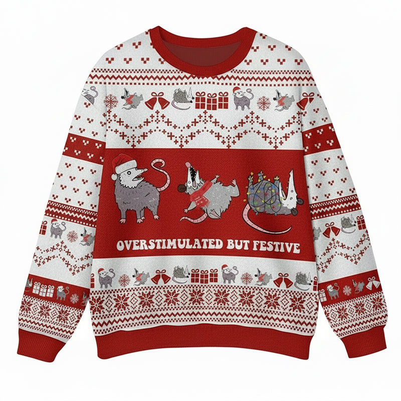 Overstimulated But Festive Possum Teacher Ugly Fluffy Sweatshirt