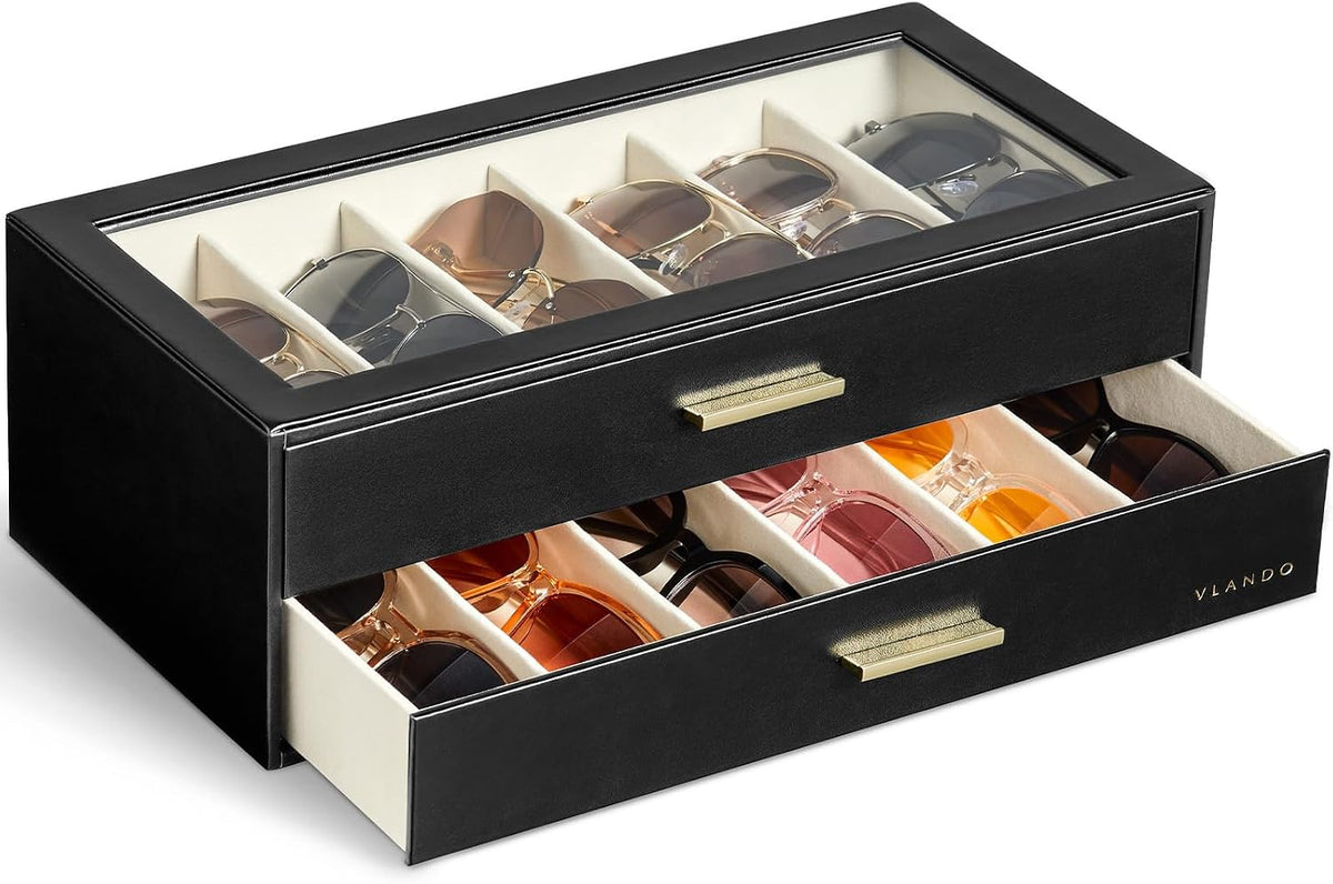 12-Slot Sunglasses Organizer Case with Clear Lid & Drawers – Velvet Eyewear Storage Box for Sunglasses, Glasses & Reading Frames, Vanity and Closet Organization