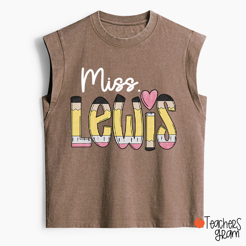 Personalized Pencil Name Teacher Female Washed Tank Top
