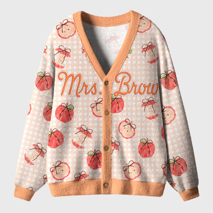 Personalized Name Apple Gingham Teacher Ugly Cardigan Sweaters