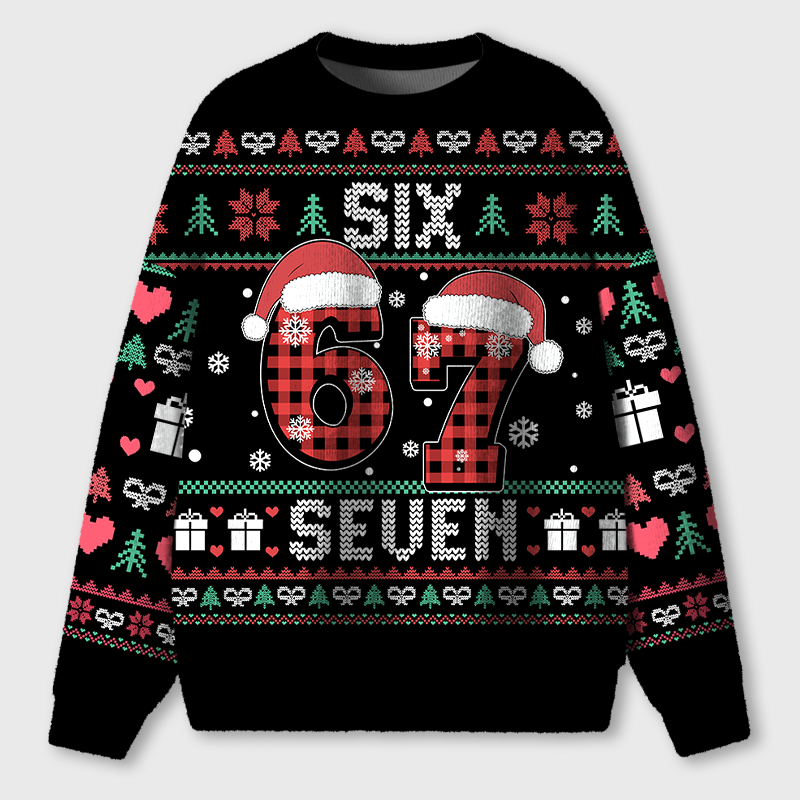 Six Seven Plaid Santa Hat Teacher Ugly Fluffy Sweatshirt