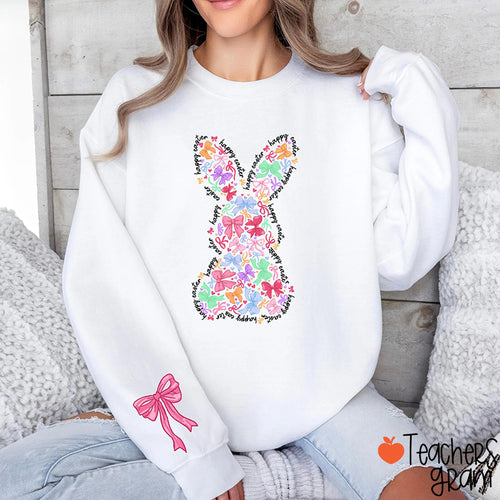Coquette Bow Bunny Teacher Sleeve Print Sweatshirt