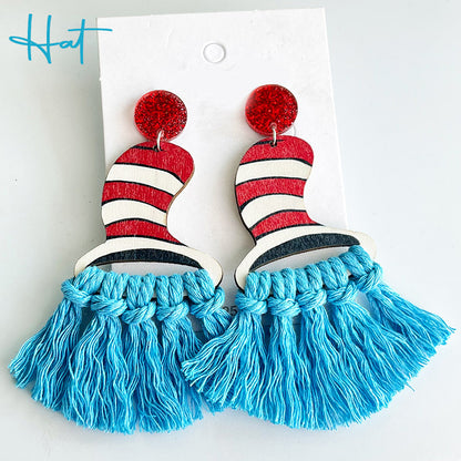Bohemian Handwoven Tassel Fan Teacher Wooden Earrings
