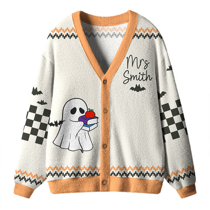 Personalized Fall_O_Ween Ghost Teacher Ugly Cardigan Sweaters