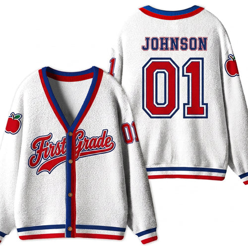Personalized Grade Name Number Apple Teacher Ugly Cardigan Sweaters