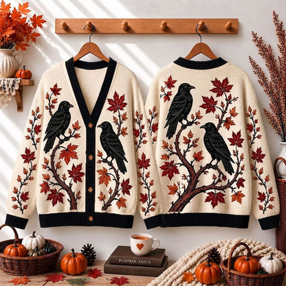 Autumn Raven Maple Leaf Teacher Ugly Cardigan Sweaters