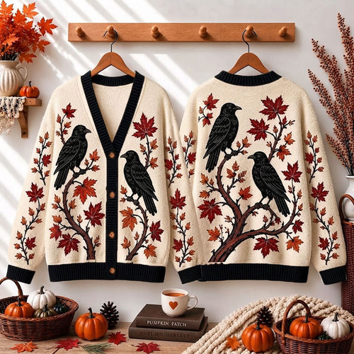 Autumn Raven Maple Leaf Teacher Ugly Cardigan Sweaters