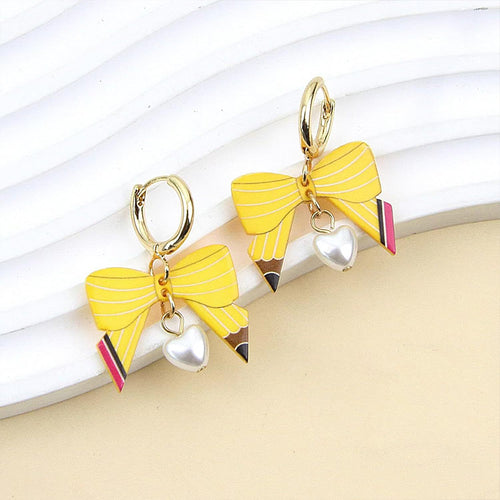 Pencil Bow Love Heart Teacher Metal Earrings