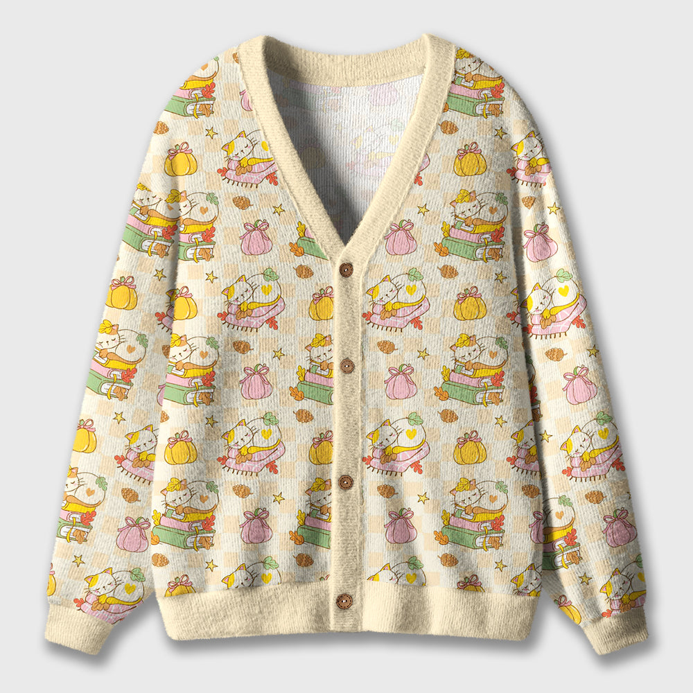 Cozy Cat And Books Teacher Ugly Cardigan Sweaters