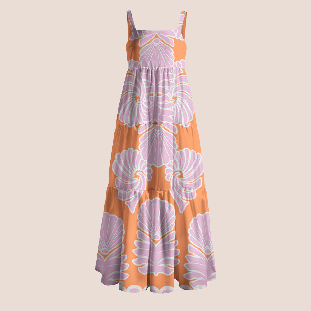 Orange And Lavender Seashell Fan Print Teacher Slip Dress