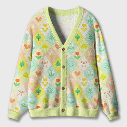Retro And Fresh Diamond Pattern Floral Print Teacher Ugly Cardigan Sweaters