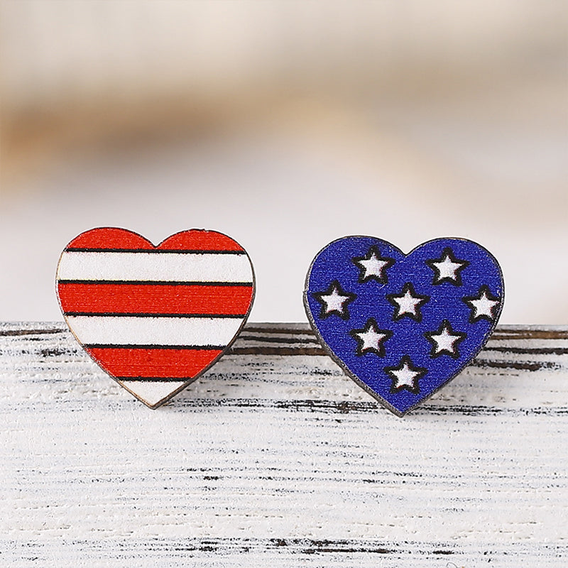 Pentagram Heart Shaped American Flag Teacher Wooden Earrings