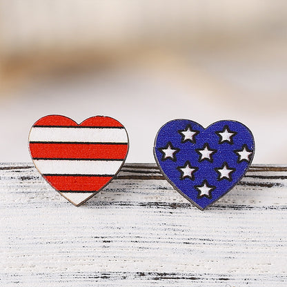 Pentagram Heart Shaped American Flag Teacher Wooden Earrings