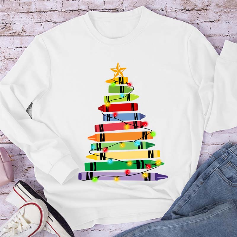 Crayons Tree Colored Ligths Teacher Long Sleeve T-Shirt