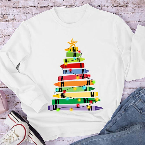 Crayons Tree Colored Ligths Teacher Long Sleeve T-Shirt