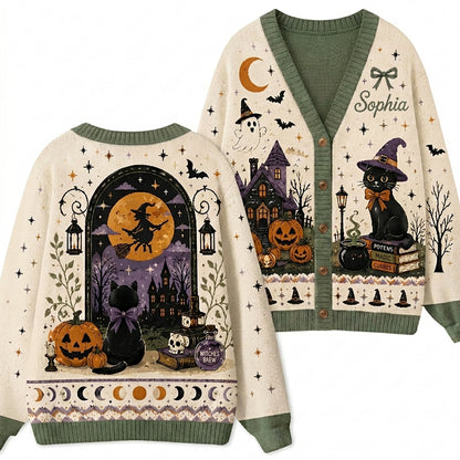 Personalized Name Halloween Black Cat Witch Pumpkin Teacher Ugly Cardigan Sweaters