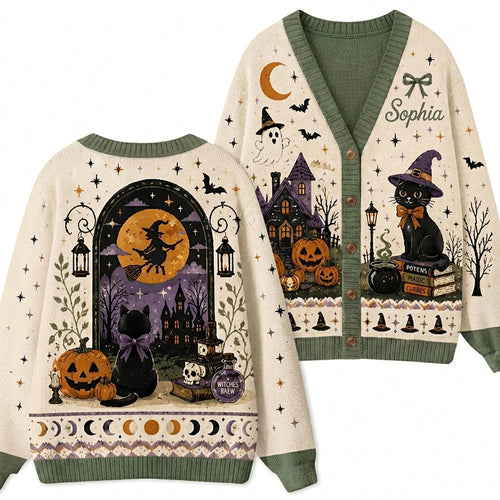 Personalized Name Halloween Black Cat Witch Pumpkin Teacher Ugly Cardigan Sweaters