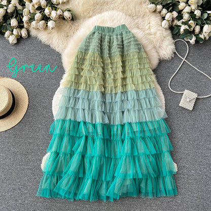 Gradient Color Irregular Mesh Long Cake Skirt Dress