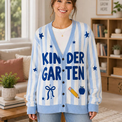 Personalized Name And Grade Preppy Stripes Pencil Apple Teacher Ugly Cardigan Sweaters