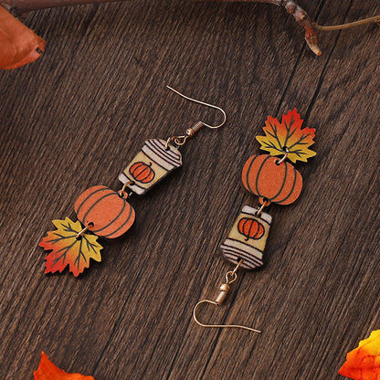 Pumpkin Maple Leaf Coffee Teacher Wooden Earrings