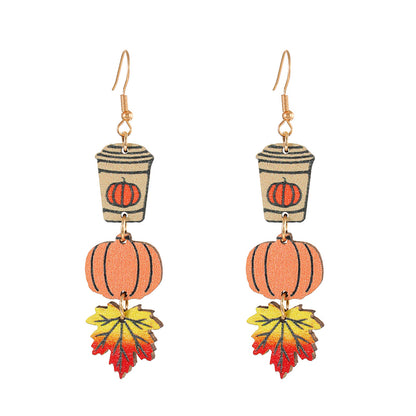 Pumpkin Maple Leaf Coffee Teacher Wooden Earrings