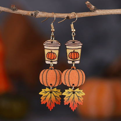Pumpkin Maple Leaf Coffee Teacher Wooden Earrings