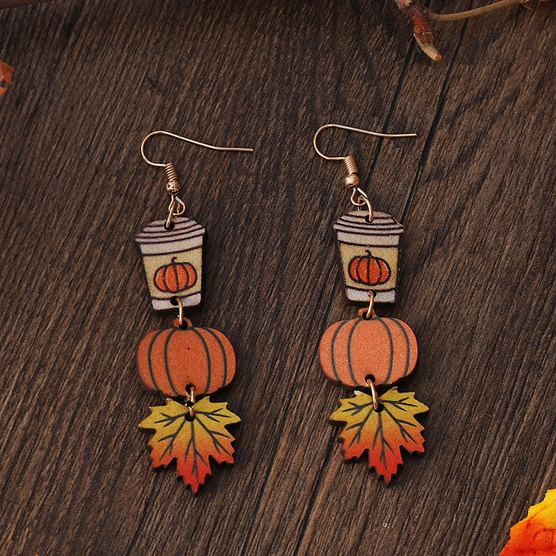 Pumpkin Maple Leaf Coffee Teacher Wooden Earrings
