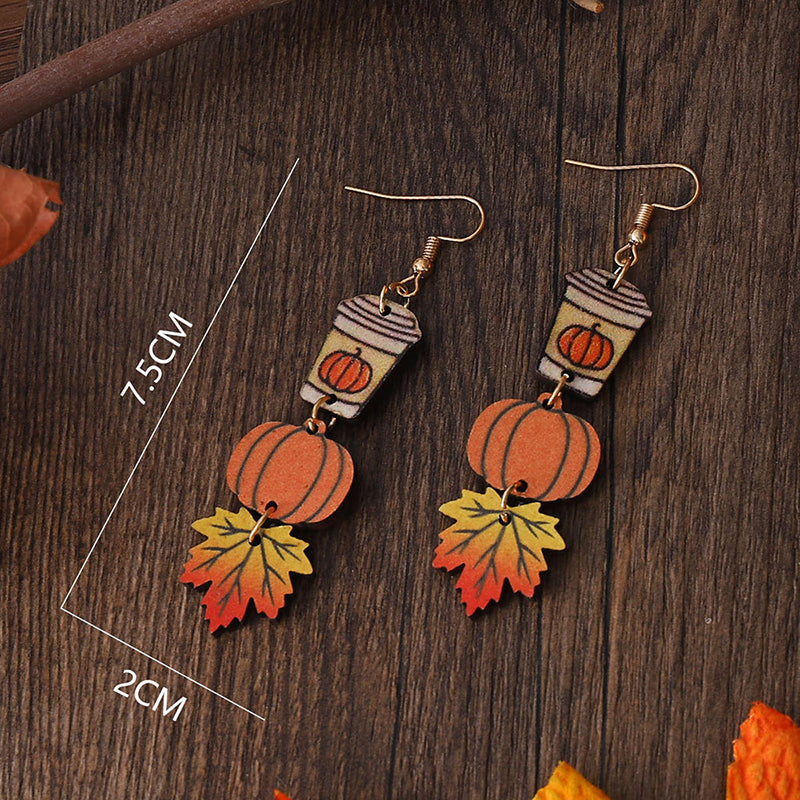 Pumpkin Maple Leaf Coffee Teacher Wooden Earrings