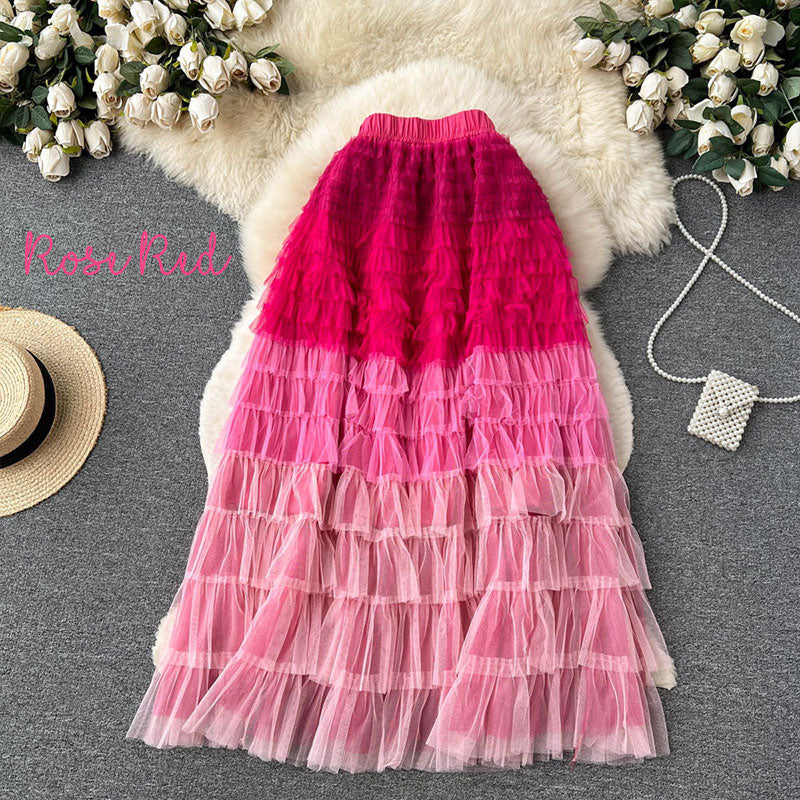 Gradient Color Irregular Mesh Long Cake Skirt Dress