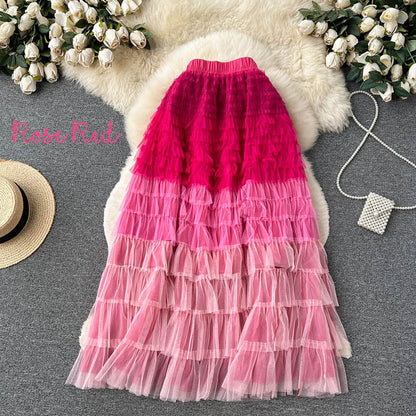 Gradient Color Irregular Mesh Long Cake Skirt Dress